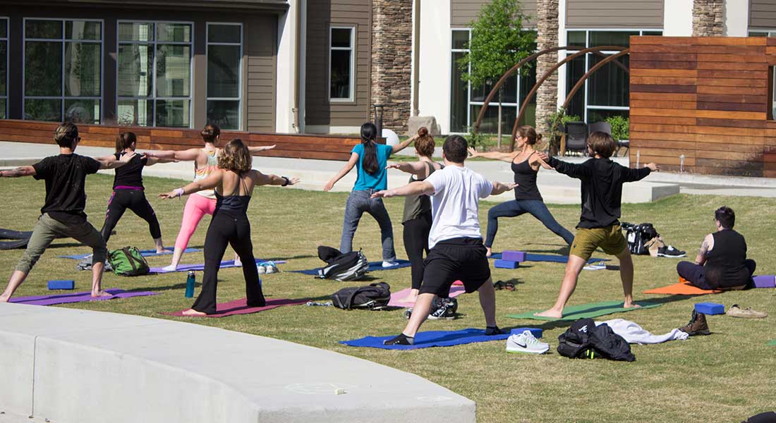adults doing yoga in an outdoor courtyard