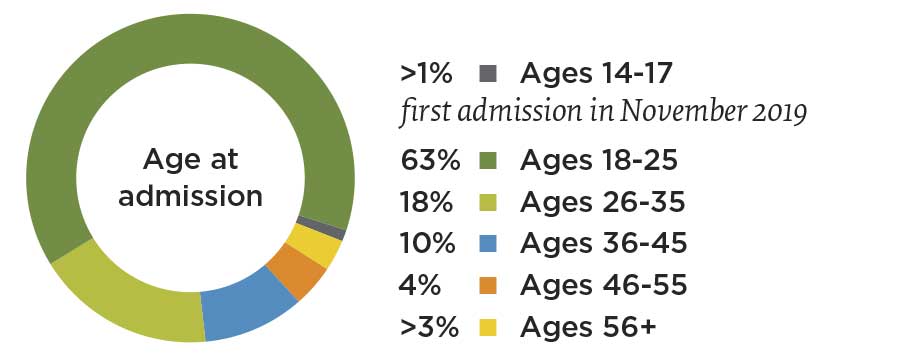 pie chart showing age at admission in 2019