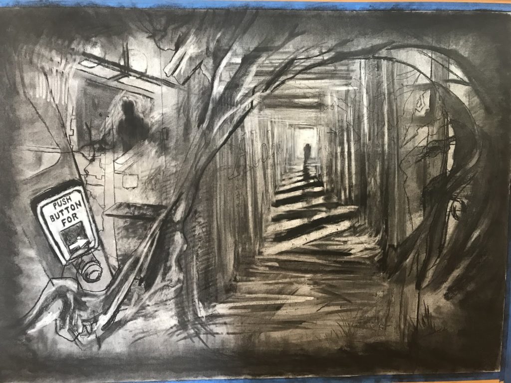 An artist's depiction a hallway in black and white with pencil or charcoal
