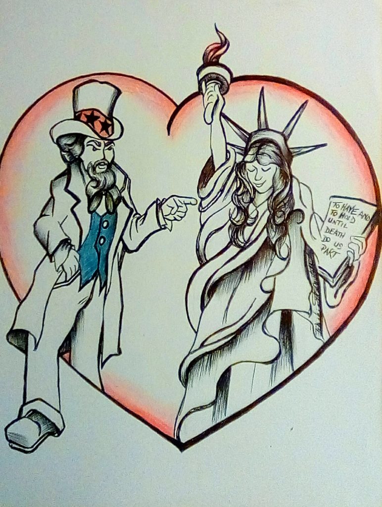 a drawing of a man and woman inside a heart depicting uncle sam and the statue of liberty