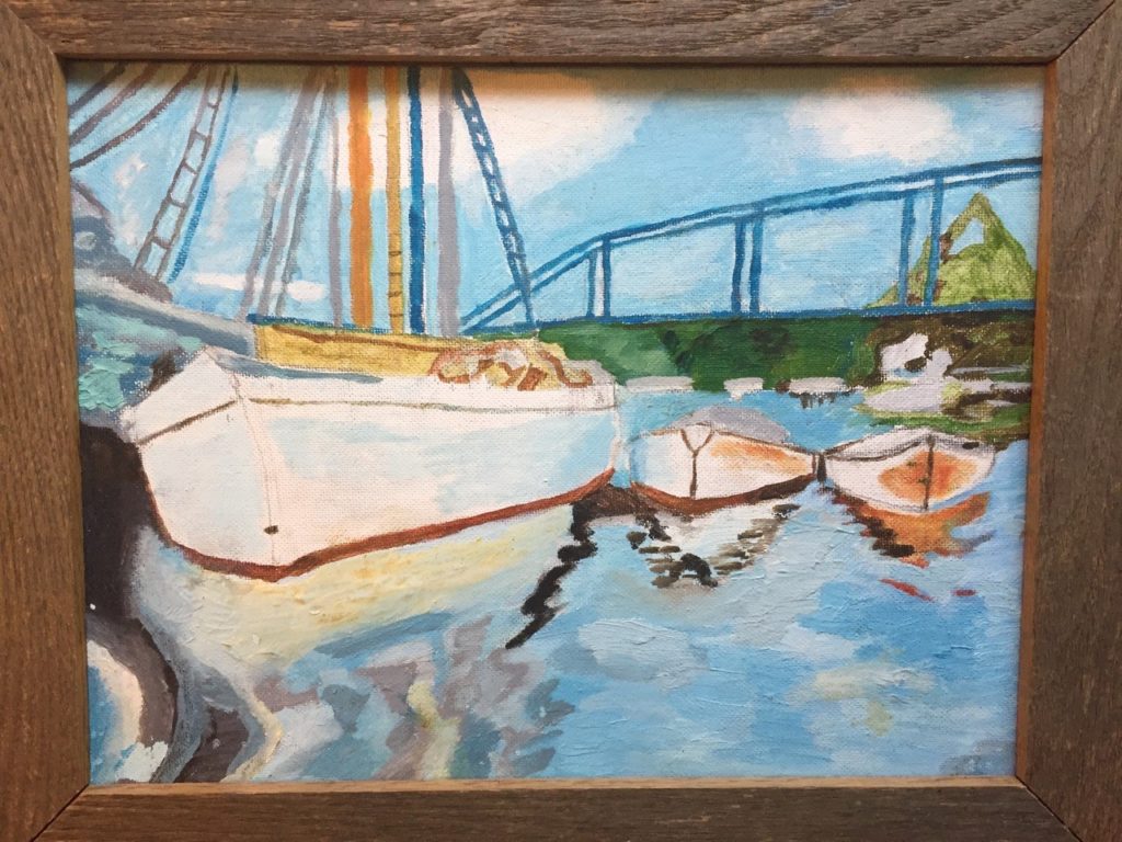 a painting of boats in water with a bridge in the background