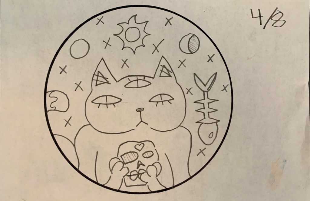 a drawing of a cat with its third eye open under moon cycles, a fishbone, and a skull