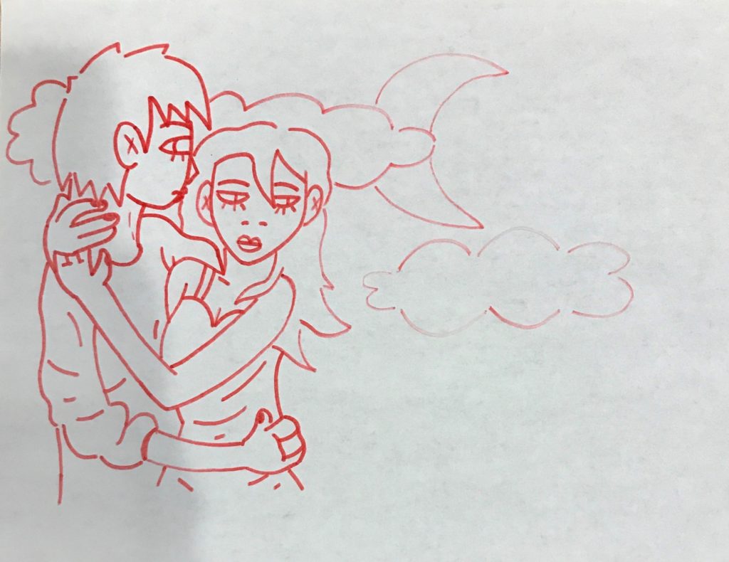 a drawing in red marker of two individuals embracing under a moon and clouds