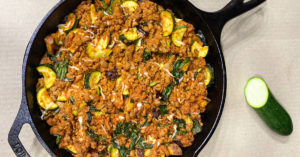 an overhead photo of the ground turkey skillet cooling from the oven