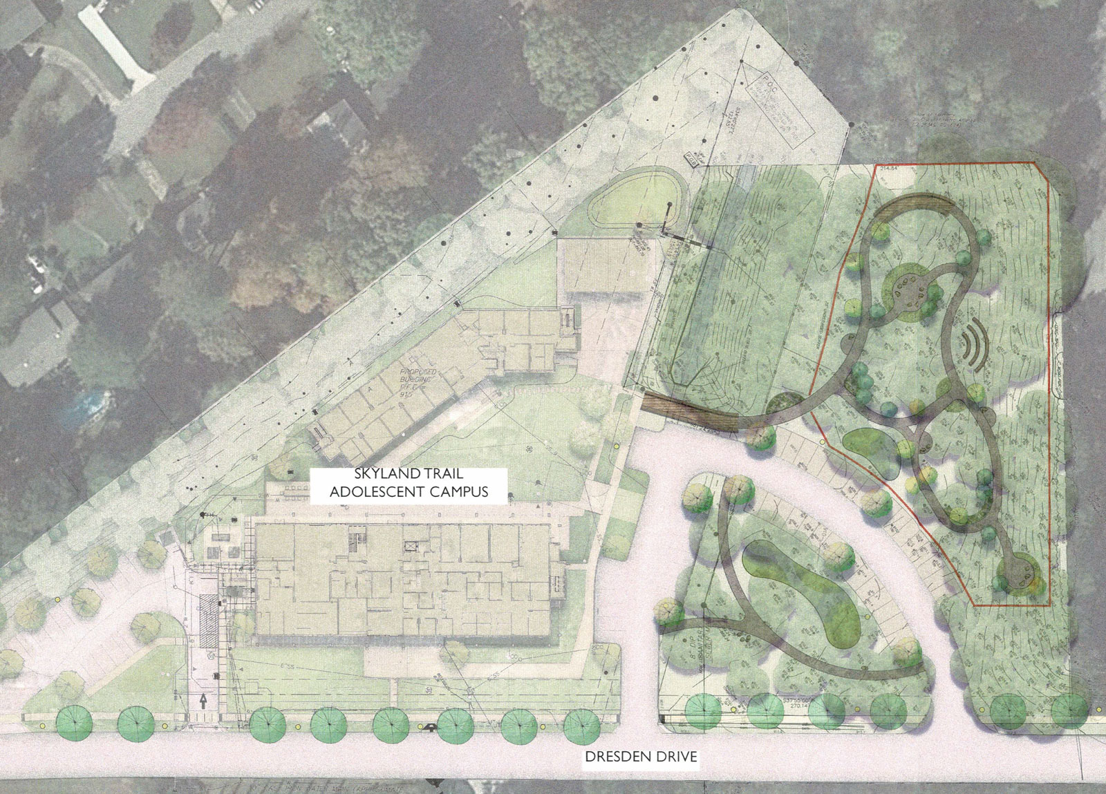 architectural drawing showing plans for 1.99 acre property adjacent to adolescent campus