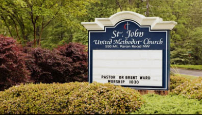 monument sign for St. John United Methodist church in Atlanta