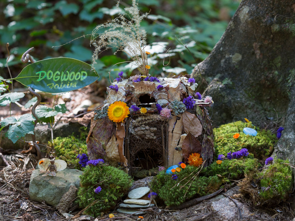 An image of a previously installed fairy home at fairies in the garden at woodlands garden decatur. A small "house" made of bark, twigs, moss, rocks, leaves, and flower petals.