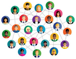 illustration of employee diversity and inclusion showing portraits of diverse individuals in multicolored circles connected in a network
