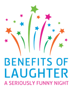 BOL Logo 2023 Fireworks and shooting stars with "Benefits of Laughter" in blue and "A Seriously Funny Night" in pinkish purple