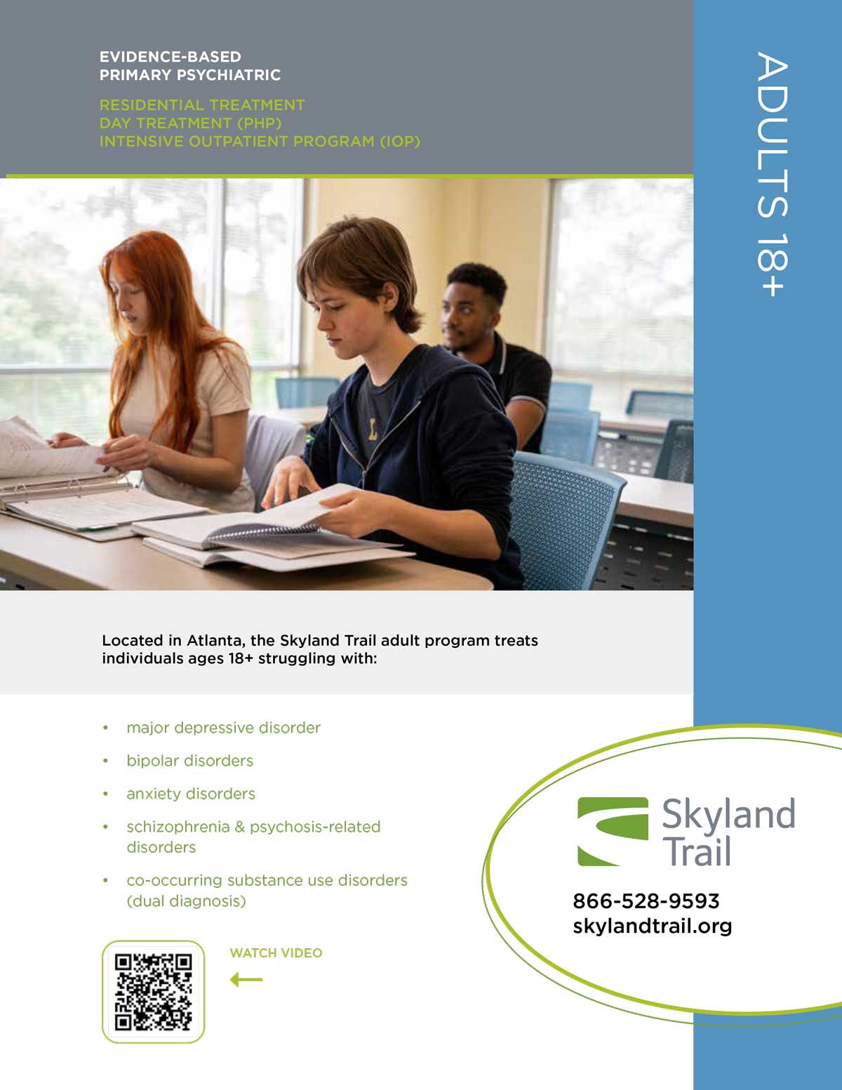 Cover image of informational brochure for Skyland Trail mental health programs for adults ages 18 and older