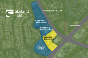 Map showing Skyland Trail current adult main campus and planned expansion at the corner of North Druid Hills RD and Buford Hwy in Atlanta