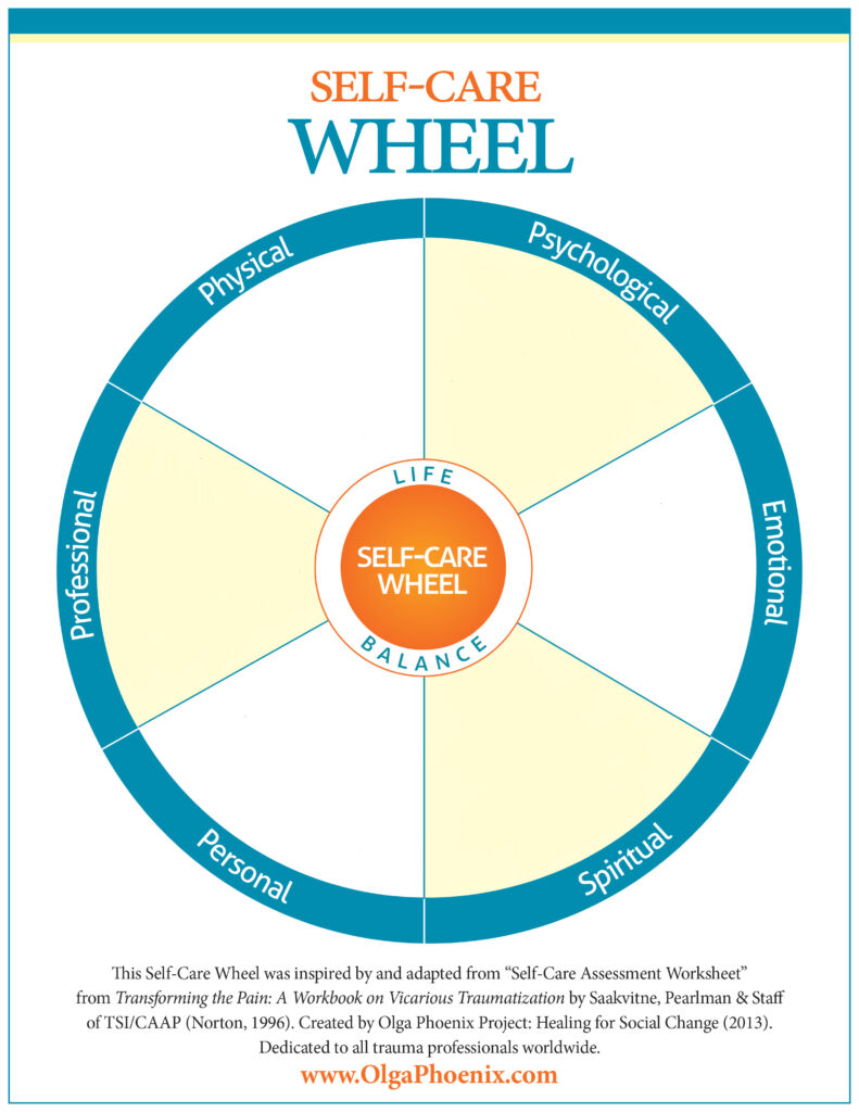 A circle divided into several slices, each labled with an area of self care.