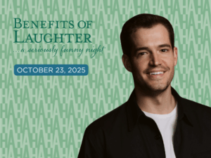 Background with repeated Ha Ha Ha. Title reads Benefits of Laughter... a seriously funny night. Date: October 23, 2025, Isolated photo of young male comedian Andrew Stanley