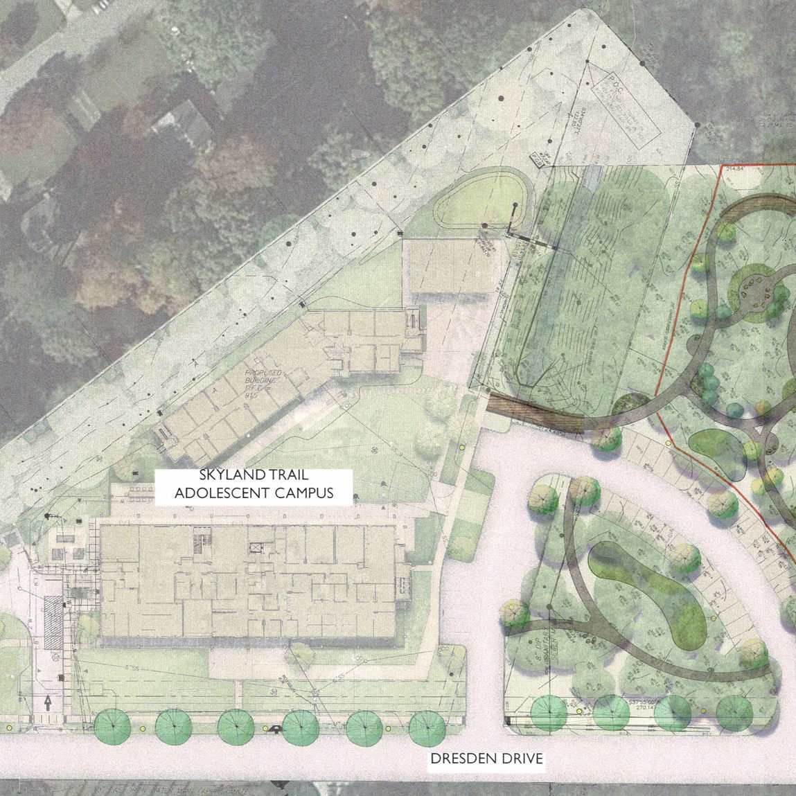 architectural drawing showing plans for 1.99 acre property adjacent to adolescent campus